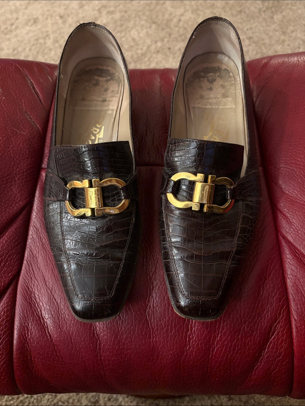 Salvatore Ferragamo Dark Brown Croc-Embossed Loafers with Gold Bit 8M